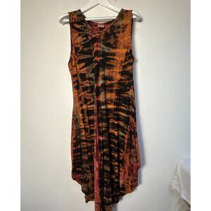 Three Cranes Gallery Sleeveless Tie-Dye Asymmetrical Midi Dress Orange/Black